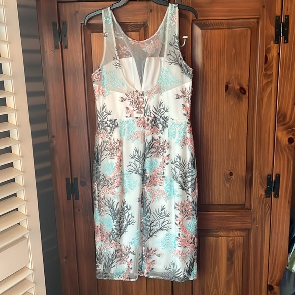 Nicole Miller NY Cocktail Dress Sheer Mesh Embroidered Aqua Mist Coral White 12 - Picture 2 of 12